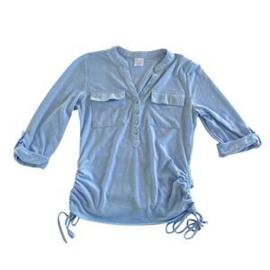 No Boundaries Blue Ruched Tie-Side Button Down Blouse Size Small 3-5
